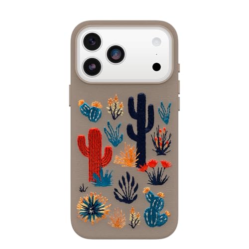 Image of OtterBox iPhone 17 Pro Max Symmetry Series Cactus Leather Embroidery Case - Cactus Garden - Grey - Textured, Embroidered Cactus Garden Artistic iPhone Case