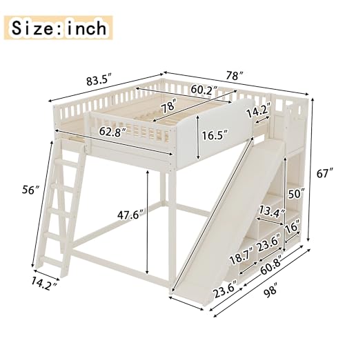 Image of Bellemave Bunk beds Queen Over Queen with Slide and Stair and upholstered Board, Low bunk /loft Bed for Kids,Beige