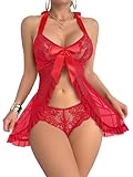 Foxiny Plus Size Curvy Sexy Halter Open Front Ruffle Sheer Mesh Lace Babydoll Lingerie Dress with Thong...