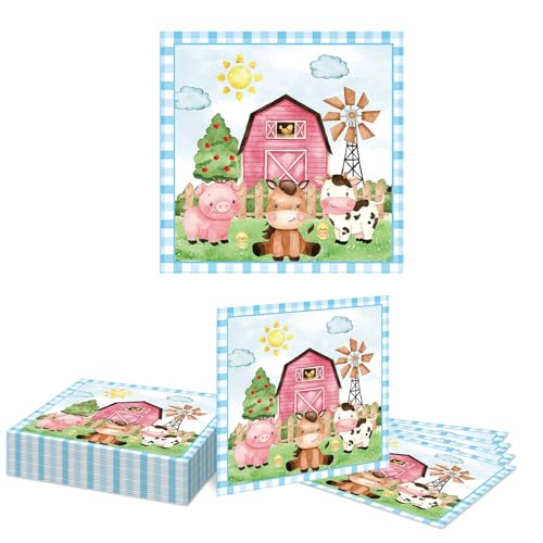 Kotkiddy 20 Pezzi Articoli per Feste Animali da Fattoria Tovaglioli Fattoria Compleanno Party Stalla Tema Animali Dolci Tovaglioli di Carta (Blu)