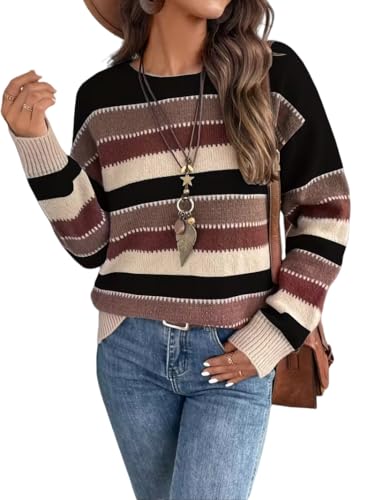 Striped Knit Sweater, Long Sleeve Crew Neck, Brown Black Beige