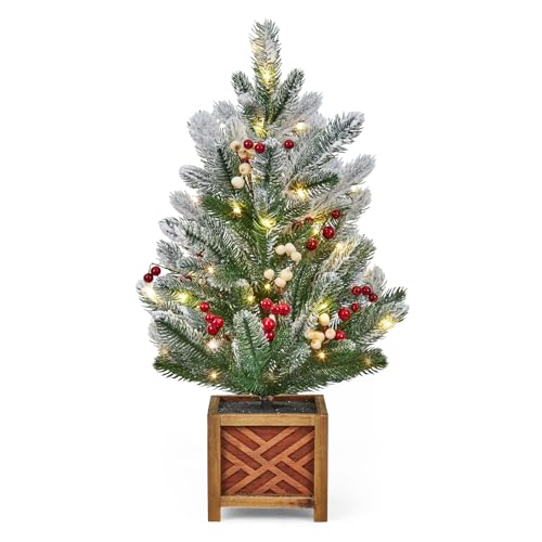 24 Inch Pre-lit Mini Christmas Tree with Lights, Small Green Frosted Artificial Tabletop Christmas Trees with Wooden Base, Miniature Pine Christmas Trees Decoration