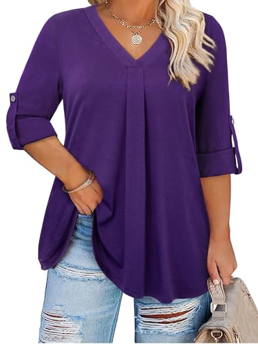 Plus Size Tops for Women V Neck Blouse Pleated Front Loose Fitting Tunic Top Dressy Casual Fall Clothes 2025