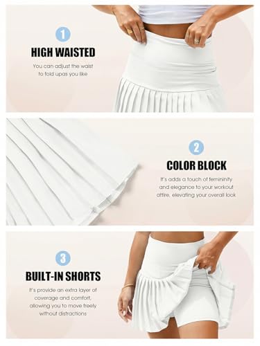 Fisoew Women's High Waisted Tennis Skirts Color Block Pleated Athletic Golf Skorts with Built in Shorts Creamy-White — view 4