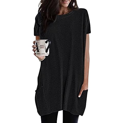 Damen Lang Shirt Rundhals Kurzarm Oberteil Einfarbig T-Shirt Tunika Loose Casual Kurzarmshirt Cover