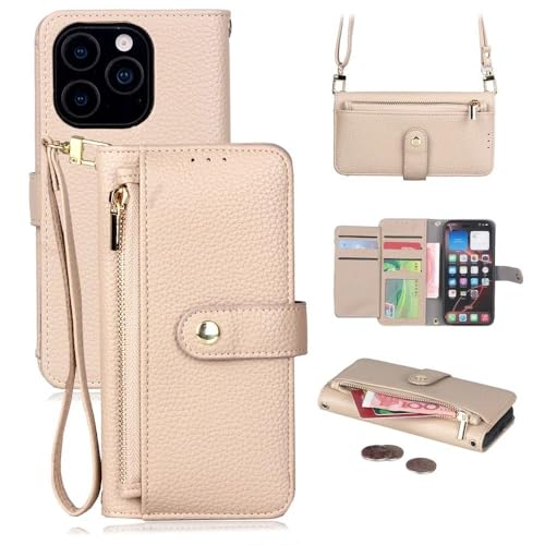 Étui portefeuille iPhone 14 / 15 / 16 / 17 Pro Max avec fermeture éclair et bandoulière abricot