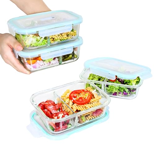 ERUIV Contenitore salvafreschezza in vetro, 4 pezzi da 1040 ml, coperchio blu