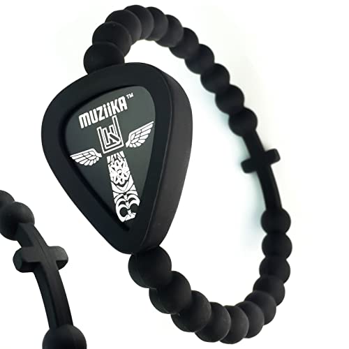 Muziika Guitar Pick Holder Bracelet By Pickbandz In Epic Black - Holds Up To 4 Picks (Two Muziika Picks Included) Select Beaded Only, W/ Skull Or W/ Cross And (Unisex) Size (Medium Beaded With Cross) #TOP12
