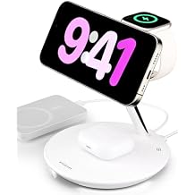 MAGEASY 4 in 1 Charging Station - Ultimate 55W Max Output, Bedside Charging Station, Fast Charging Stand for iPhone, Apple Watch, AirPods, iPad, with Ambient Light | Power Station White