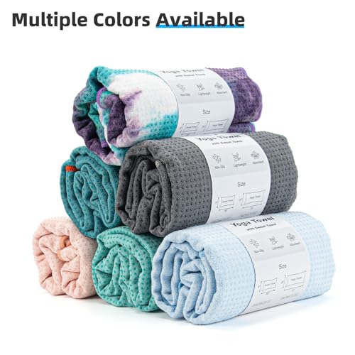 YESLIFE Non-Slip Extra Thick Hot Yoga Towel with One Sweat Towel, Microfiber Sweat Absorbent Yoga Mat Towel with Grip Dot, Pilates Mat, 72\" x 24\", Light Blue