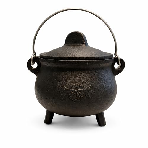 SOUL STICKS Reusable 6 Cast Iron Cauldron with Lid and Hanging Handle for Spell Casting, Smudging, Ritual & Blessings Pot Belly Witchcraft (Triple Moon)