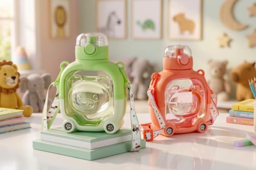 Image of Clazkit 2-in-1 Cute Bear Shaped Water Bottle with Straw & Adjustable Strap | Leakproof Kids Sipper Bottle | BPA-Free Reusable Water Bottle for School, Travel & Outdoor Use - 900ml (Orange)