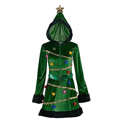 Christmas Tree Costume Women Velvet Hooded Sequin Dress Costumes,Xmas Tree Costumes Outfit Party Fancy Dress Outfit (Green, Small) Cover