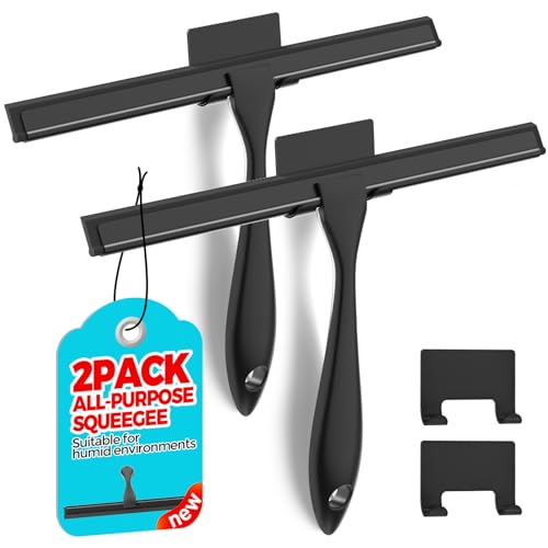 ALFLOD 2PACK 12-Inch All-Purpose Shower Squeegee for Shower Doors, Bath Linen Sets, Tile Shower Walls, Bathroom, Window, Glass and Car Windshield, Mirrors and Kitchen-Stainless Steel, Black
