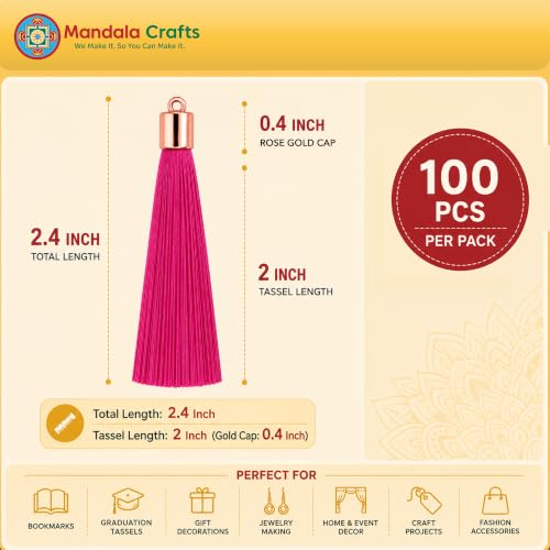 Image of Mandala Crafts Rose Gold Tone Cap Hot Pink Bookmark Tassels with Loops | 100 PC, Machine Washable, Polyester, Mini, for Crafts Jewelry Making Graduation Decorations Keychains Gift Tags & Ornaments