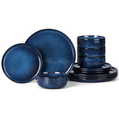 Onader 12 Piece Dinner Set, Reactive Glaze Stoneware Dinnerware for 4 People, Elegant Plates and Bowls Sets for Kitchen Christmas, Scratch Resistant, Microwave & Dishwasher Safe - Midnight Blue