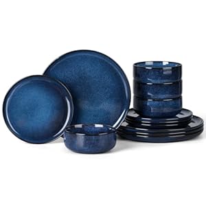 Onader 12 Piece Dinner Set, Reactive Glaze Stoneware Dinnerware for 4 People, Elegant Plates and Bowls Sets for Kitchen Christmas, Scratch Resistant, Microwave & Dishwasher Safe – Midnight Blue