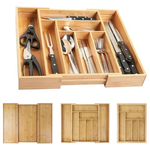 JAOSY Cutlery Tray, 32-52 x 43 x 5cm Bamboo Cutlery Drawer Organiser, 6-8 Compartments Cutlery Divider, Expandable Kitchen Utensil Tray Rack Adjustable Cooking Baking Utensils Storage Case