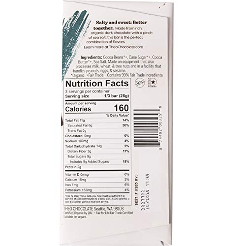 Theo Chocolate Sea Salt Organic Dark Chocolate Bar, 70% Cacao, 6 Pack | Vegan, Fair Trade #TOP1
