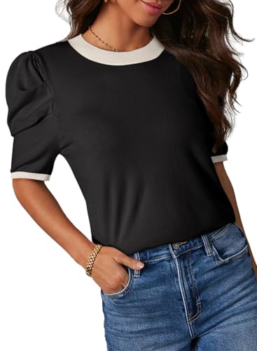 Dokotoo Crop Tops for Women 2026 Crewneck Summer Blouses Puff Short Sleeve Loose T Shirts Trendy Cute Color Block Blouse Dressy Casual Slim Fit Spring Outfits Clothes Black White Small
