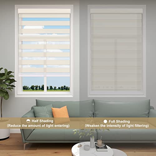 Image of Changshade Custom Size Zebra Blinds Cordless Indoor Window Shades Privacy Dual Layer for Living Room, Bedroom, Bathroom, Kitchen, Nursery, Inside Outside Mount Easy Install, Light Filtering, Beige