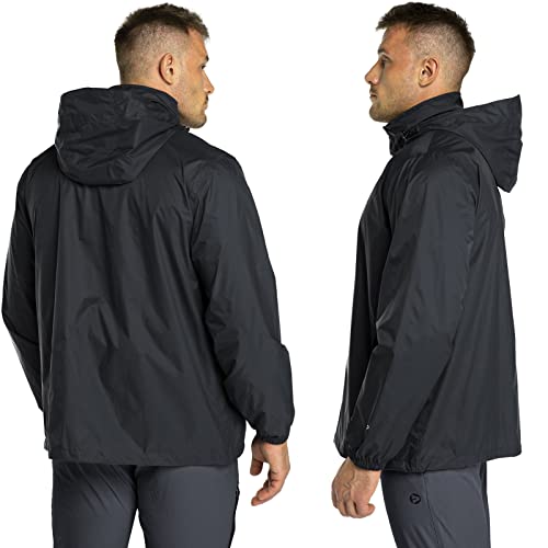 Foto von 33,000ft Regenjacke Herren Leicht Wasserdicht Faltbare Regenmantel mit Kapuze Fahrrad Rain Windbreaker Windjacke Camping Outdoor schwarz XXL