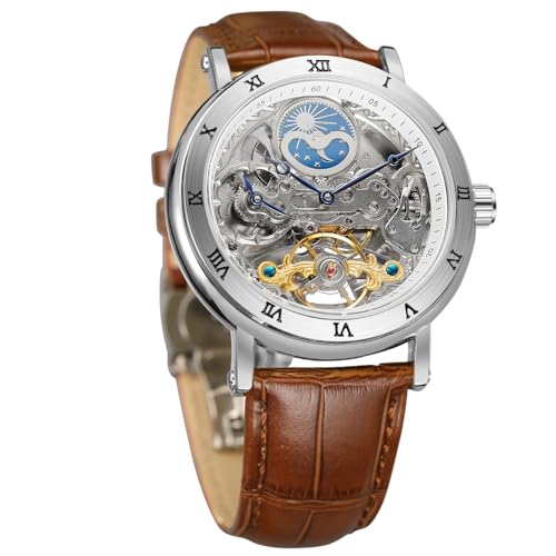 Image of FORSINING Men's Self Winding Automatic Watch Tourbillon Analog Skeleton Movement Moon Phase Wrist Watch with Genuine Leather Strap