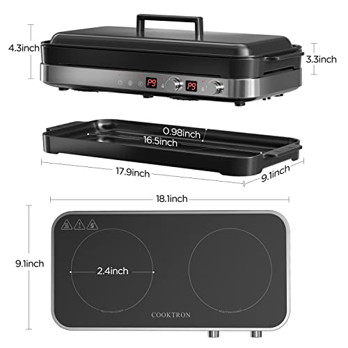 Portable Induction Cooktop 2 Burner With Removable Iron Cast Griddle Pan Non-Stick, Cooktron 1800W Double Induction Cooktop With Child Safety Lock & Time, Great For Family Party #TOP6