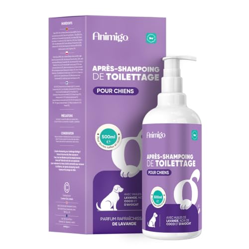 Après-Shampooing Toilettage pour Chien Animigo – Après-Shampooing Nourrissant aux Huiles de Lavande, Coco et Avocat – Démêlant et Adoucissant pour Tous Les Chiens et Toutes Les Races – 500 ML