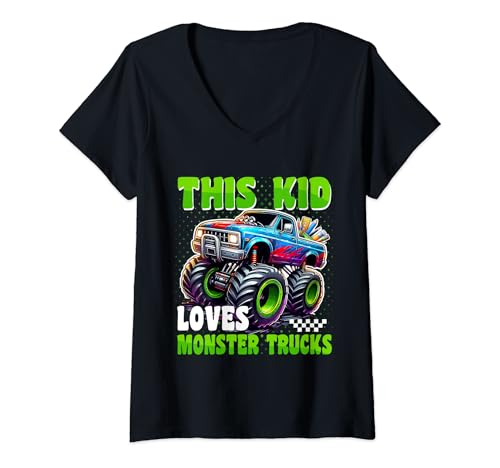 Mujer This Kid Loves Monster Trucks Fiesta de cumpleaños Monster Truck Camiseta Cuello V