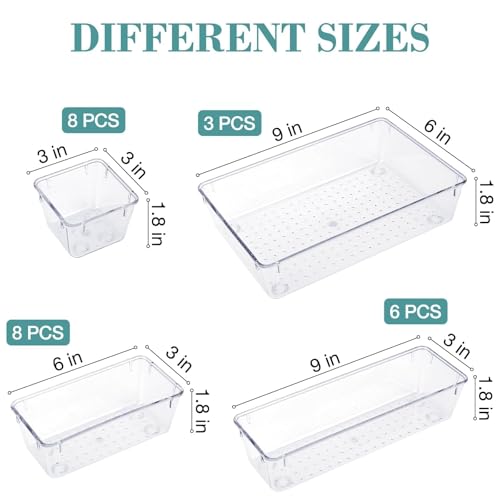 Image of 25 PCS Drawer Organizer Set, 5 Size Bathroom and kitchen organizer Trays | Bathroom and kitchen Drawer cabinet organizer Trays, Clear Storage Bins for Makeup, Jewelry, Utensils and Gadgets