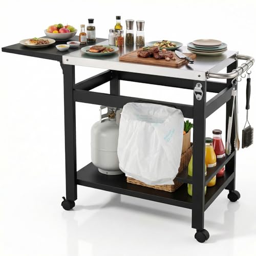 LIFERUN Desserte Barbecue Extérieur avec Table d'appoint Pliable, Chariot Plancha 2 Niveaux avec Dessus de Table en Acier INOX, Chariot de BBQ Pizza 4 Roues,...