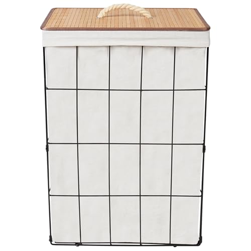 Cesta de metal moderna para ropa sucia con tapa extraíble de bambú negro y madera clara Mirissa - imagen 4