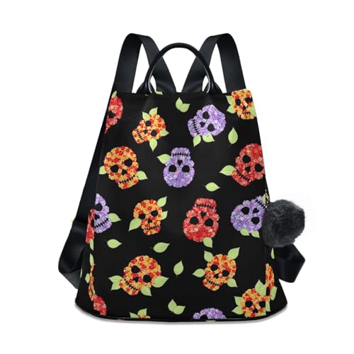 Sac à dos noir motif squelette de fleurs avec poche arrière zippée