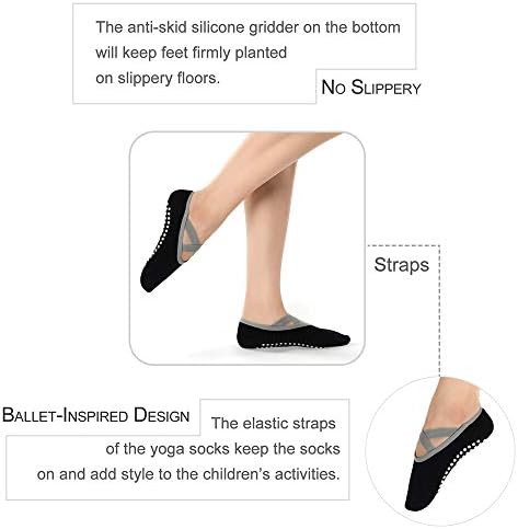 Hually Yoga Socks, 2 Pairs Yoga Pilates Socks for Women with Grips & Straps, Easy to Put On, Cotton Pilates Socks for Pilates, Barre, Ballet, Dance, Barefoot Workout (Black & Grey)