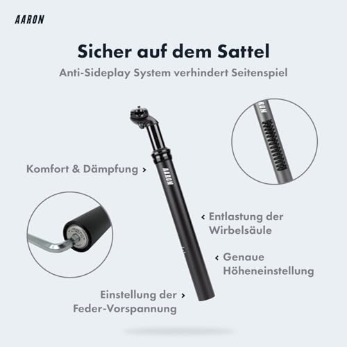 AARON Spring Federsattelstütze mit 30,9 mm Durchmesser | Gefederte Aluminium Sattelstütze mit 350mm Länge | Fahrrad Sattelstütze gefedert für E-Bike, MTB, Trekking Citybike u.v.m. Schwarz