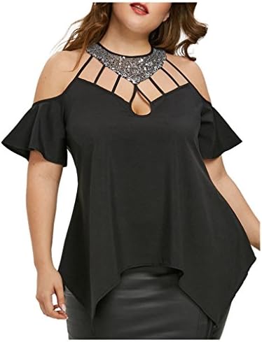 ManxiVoo Women Sexy Cold Shoulder Tops Summer Plus Size Tshirt Blouse Sequin SheerCrop Smocked Tee Shirt (XL, Black)