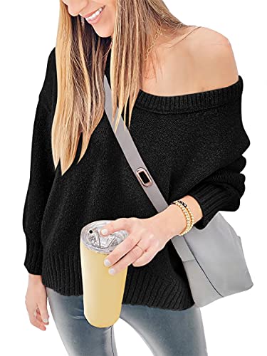 Women's V Neck Casual Loose Long Sleeve High Low Hem Oversized Black Pullover Sweater Tops 38Ch9-Hei-S #TOP2