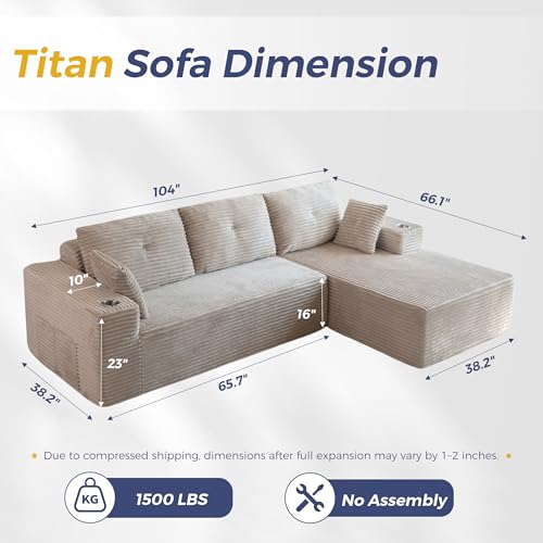 Image of MAXYOYO 104 inch Modular Sectional Couch with L-Shape Chaise, Modern Boneless Couch for Living Room, Sofa in A Box, Oversized Sofa with Deep Seat, No Assembly Required, Grayish Beige