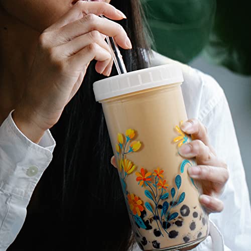 [2 Pack] 24 Oz Mason Jars Glass Cups, Iced Coffee Cups, Boba Cups With 2 Lids And Straws, Reusable Wide Mouth Smoothie Cups,Travel Glass Drinking Jars,Bird & Lovely Flowers #TOP7