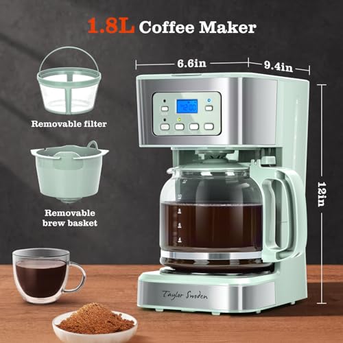 Taylor Swoden 12-Cup Programmable Coffee Maker, Regular & Strong Brew Drip Coffee Machine for Home and Office, Glass Carafe, Pause & Serve, Auto Shut Off, Green & Stainless Steel by Taylor Swoden - Image 7