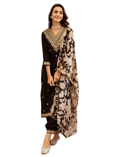 Image of INDO ERA Women's Rayon Viscose Rayon Embroidered Straight Kurta & Salwar with Dupatta Set