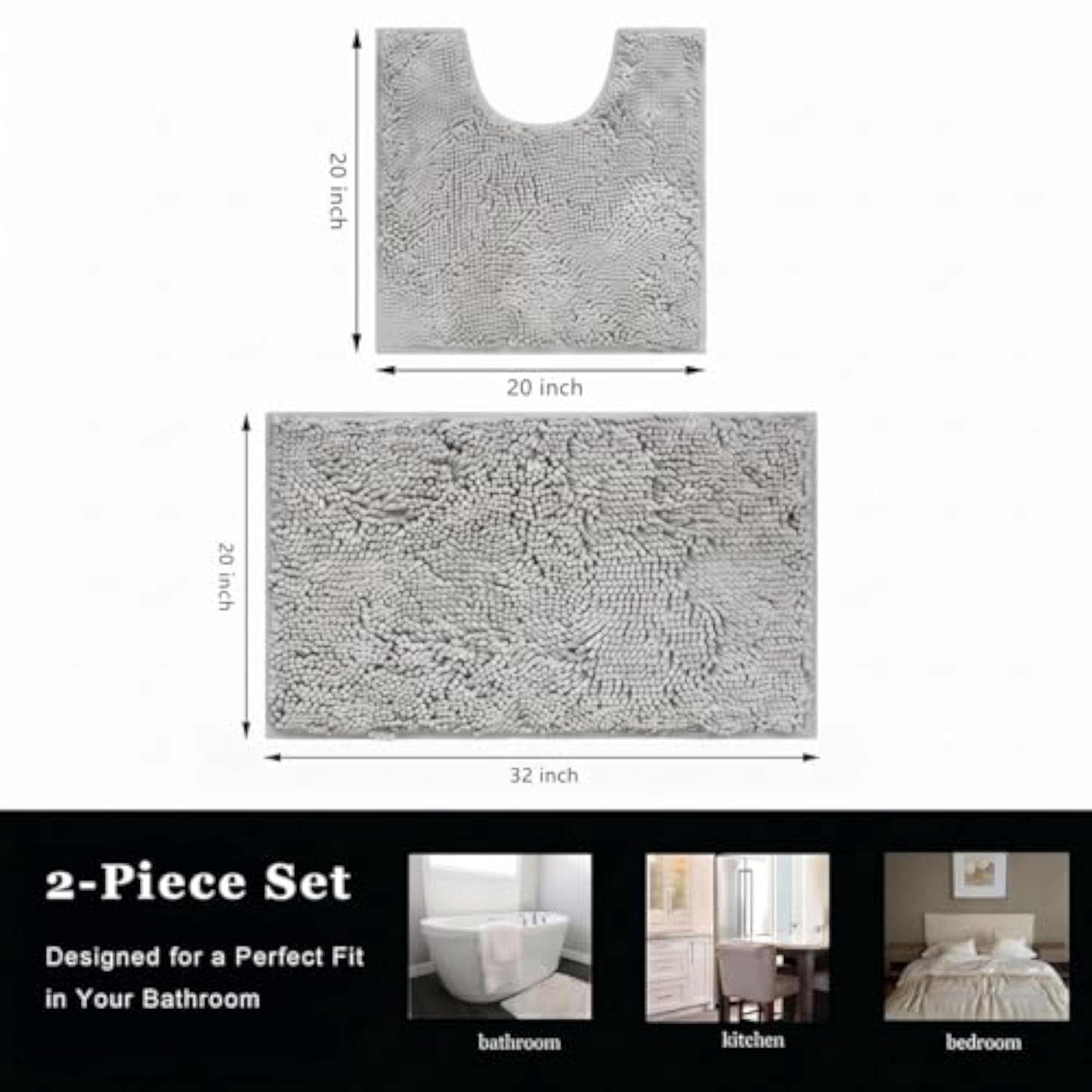 Bathroom Chenille Bath Mat 2 Piece Set, Super Absorbent