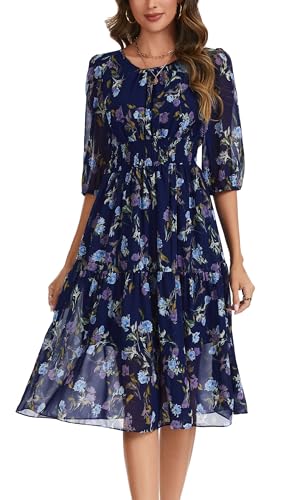 Image of Kormei Women Casual Boho Floral Round Neck 3 /4 Sleeve Smocked Waist Tiered A Line Flowy Swing Midi Dress Long Dresses