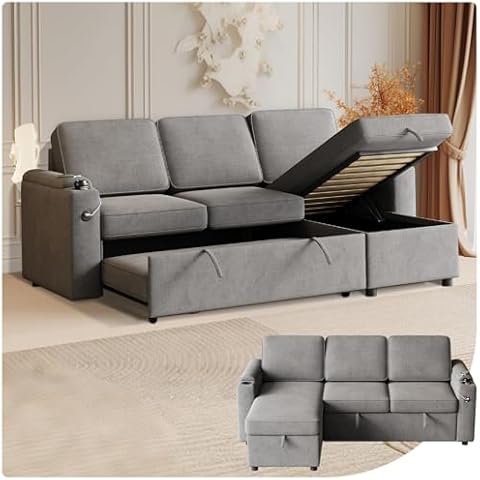 85.8"L Shaped Sleeper Sofa Couch,Polyester Pull Out Couch, Sleeper Sectional Sofa with Storage Armrests,Reversible Sectional Sofa Bed with USB,4 in 1 Pull-Out Sofa bed for Living Room (Dark Gray) Cover