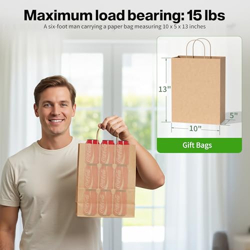 Image of Simple Deluxe 100 Pack Kraft Paper Bags with Handles 10x5x13 - Made in USA -15 Lb Max Load - 100% Recycled Natural Brown Shopping Bags for Retail, Gifts & Merchandise (Premium 90GSM)