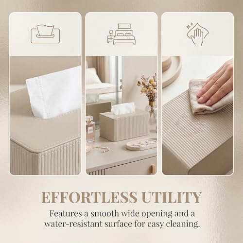 ASOUUNLD Kosmetiktücherbox Taschentuchbox aus PU Leder mit Magnetverschluss Rechteckige Tissue Box mit Streifendesign Tücherbox Beige Taschentuchspender für Wohnzimmer Büro Küche (25,3x13,8x11,5 cm)