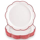 NatNarr 30 Pcs Red and White Paper Plates, 9 Inch White Plates with Red Trim Scalloped Galentines Paper Plate Disposable for Valentines, Baby Shower, Wedding, Bridal Shower