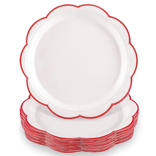 NatNarr 30 Pcs Red and White Paper Plates, 9 Inch White Plates with Red Trim Scalloped Paper Plate Disposable for Mother's Day, Baby Shower, Wedding, Bridal Shower, Birthday