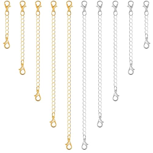 EIHI 10 Piezas Cadena De Extensión De Collar, Extensor De Collar, Extensión De Cadena De Pulsera, Extensor De Cadena De Acero Inoxidable para Fabricación De Bisutería, Plateado Y Dorado（5Tamaño）